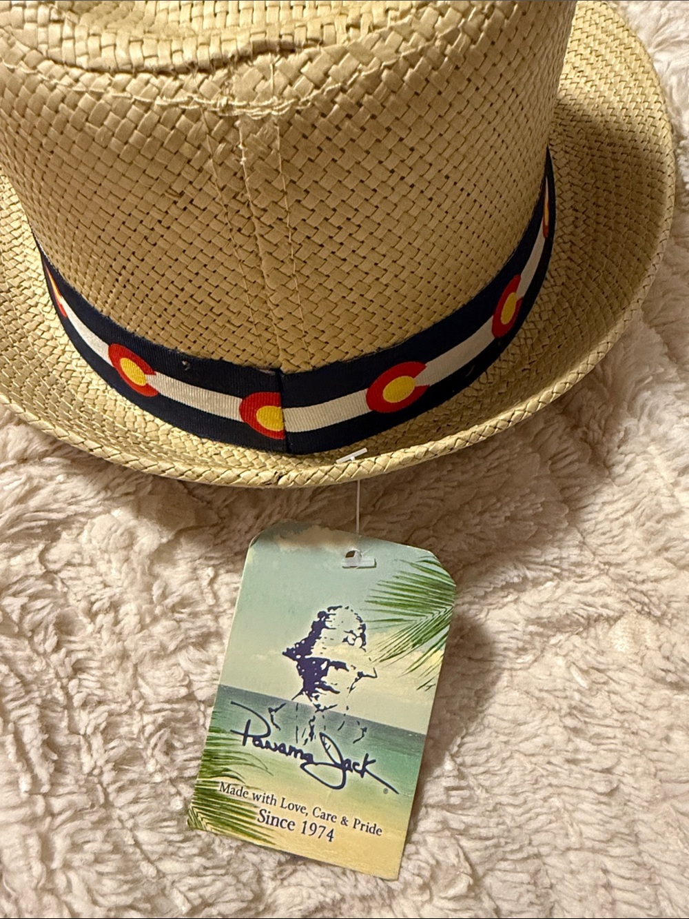 Panama Jack Beige Straw Fedora w/ Navy & White - Picture 7 of 7